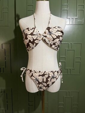 J. Crew Brown and Cream Floral Twist Bandeau string Bikini.